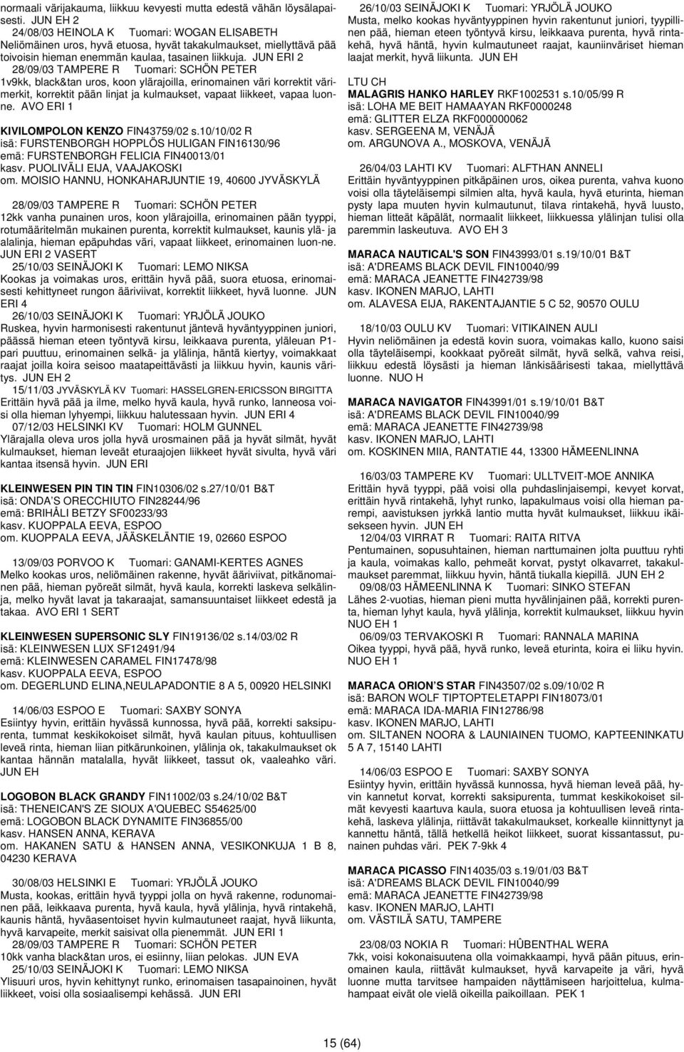 JUN ERI 2 28/09/03 TAMPERE R Tuomari: SCHÖN PETER 1v9kk, black&tan uros, koon ylärajoilla, erinomainen väri korrektit värimerkit, korrektit pään linjat ja kulmaukset, vapaat liikkeet, vapaa luonne.