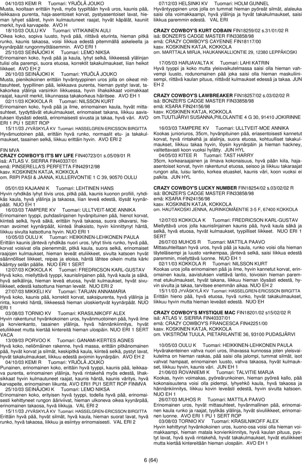 AVO H 18/10/03 OULU KV Tuomari: VITIKAINEN AULI Oikea koko, sopiva luusto, hyvä pää, riittävä eturinta, hieman pitkä runko, kaunis takaosa, voisi liikkua edestä pitemmällä askeleella ja kyynärpäät