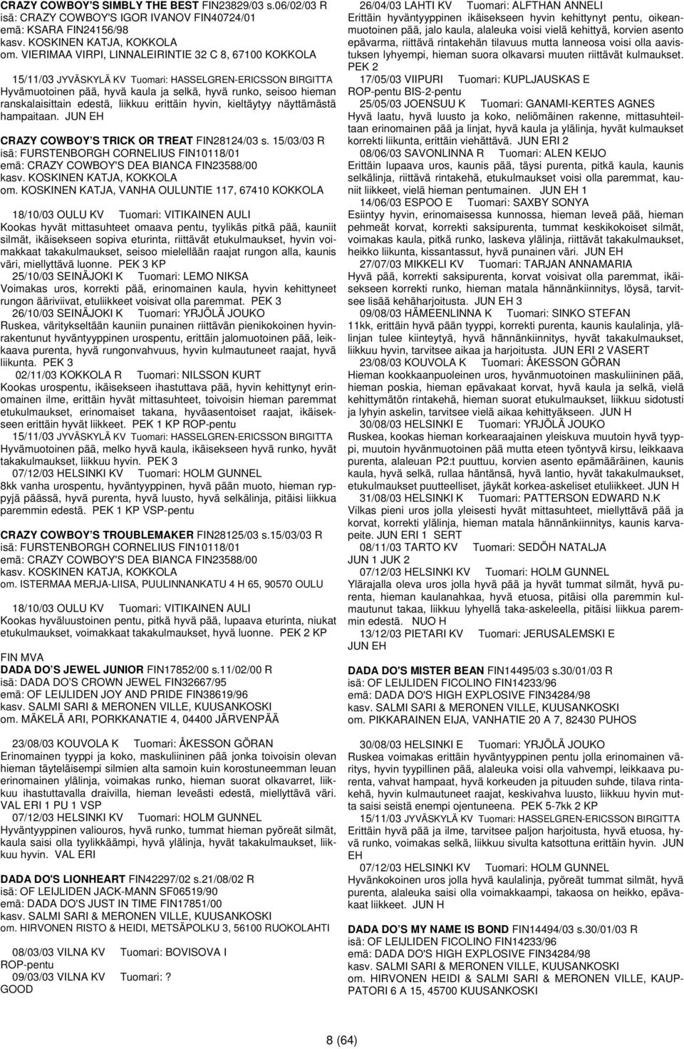 hampaitaan. JUN EH CRAZY COWBOY S TRICK OR TREAT FIN28124/03 s. 15/03/03 R isä: FURSTENBORGH CORNELIUS FIN10118/01 emä: CRAZY COWBOY'S DEA BIANCA FIN23588/00 om.
