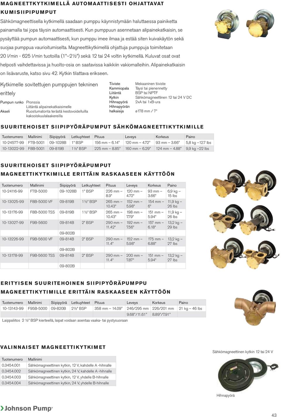 Magneettikytkimellä ohjattuja pumppuja toimitetaan 20 l/min - 625 l/min tuotoilla (1 2½ ) sekä 12 tai voltin kytkimellä.