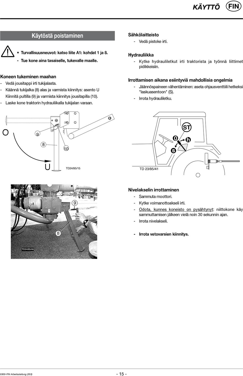 Sähkölaitteisto - Vedä pistoke irti. Hydrauliikka - Kytke hydrauliletkut irti traktorista ja työnnä liittimet pidikkeisiin.