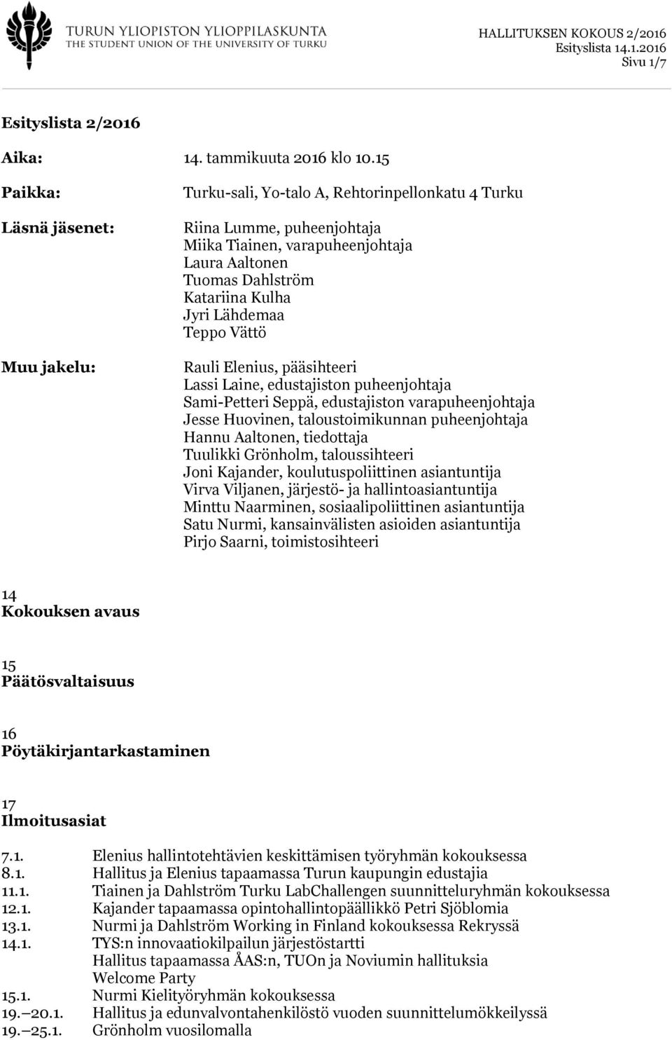 Jyri Lähdemaa Teppo Vättö Rauli Elenius, pääsihteeri Lassi Laine, edustajiston puheenjohtaja Sami-Petteri Seppä, edustajiston varapuheenjohtaja Jesse Huovinen, taloustoimikunnan puheenjohtaja Hannu