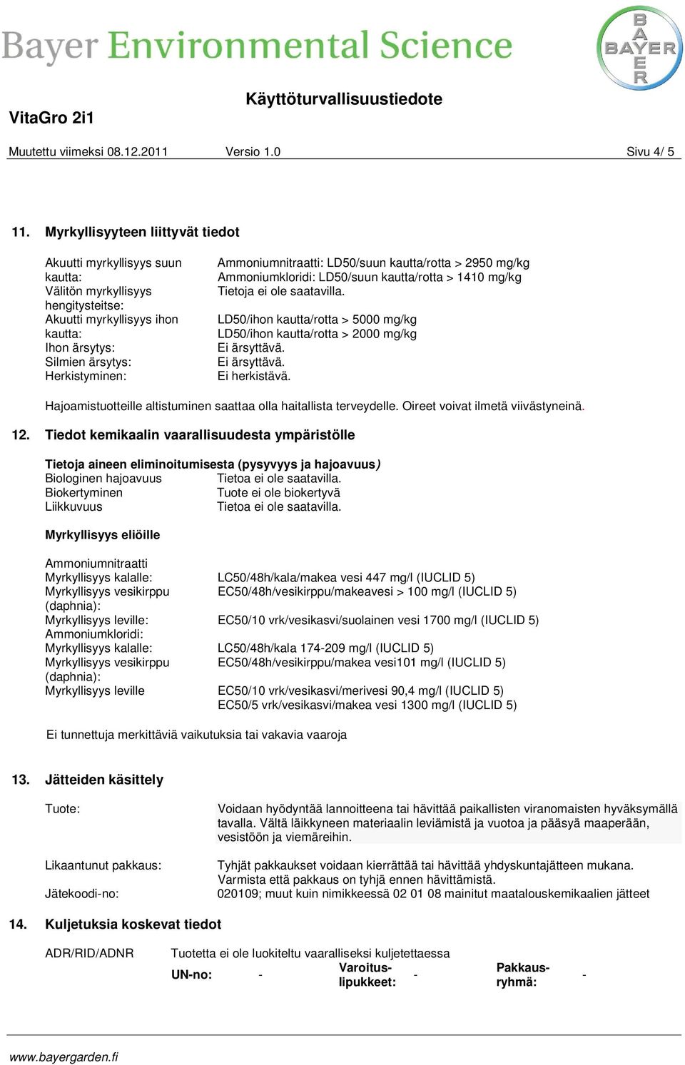 Ammoniumnitraatti: LD50/suun kautta/rotta > 2950 mg/kg Ammoniumkloridi: LD50/suun kautta/rotta > 1410 mg/kg Tietoja ei ole saatavilla.