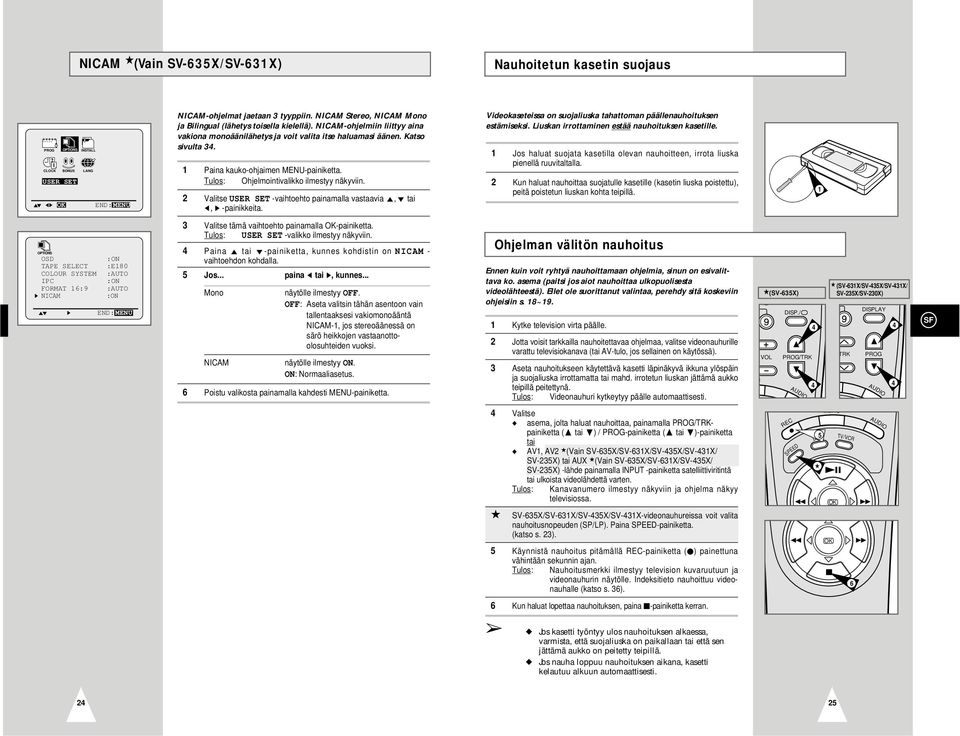 Valitse USER SET -vaihtoehto painamalla vastaavia ",❷ tai, ❿ -painikkeita. Videokaseteissa on suojaliuska tahattoman päällenauhoituksen estämiseksi. Liuskan irrottaminen estää nauhoituksen kasetille.