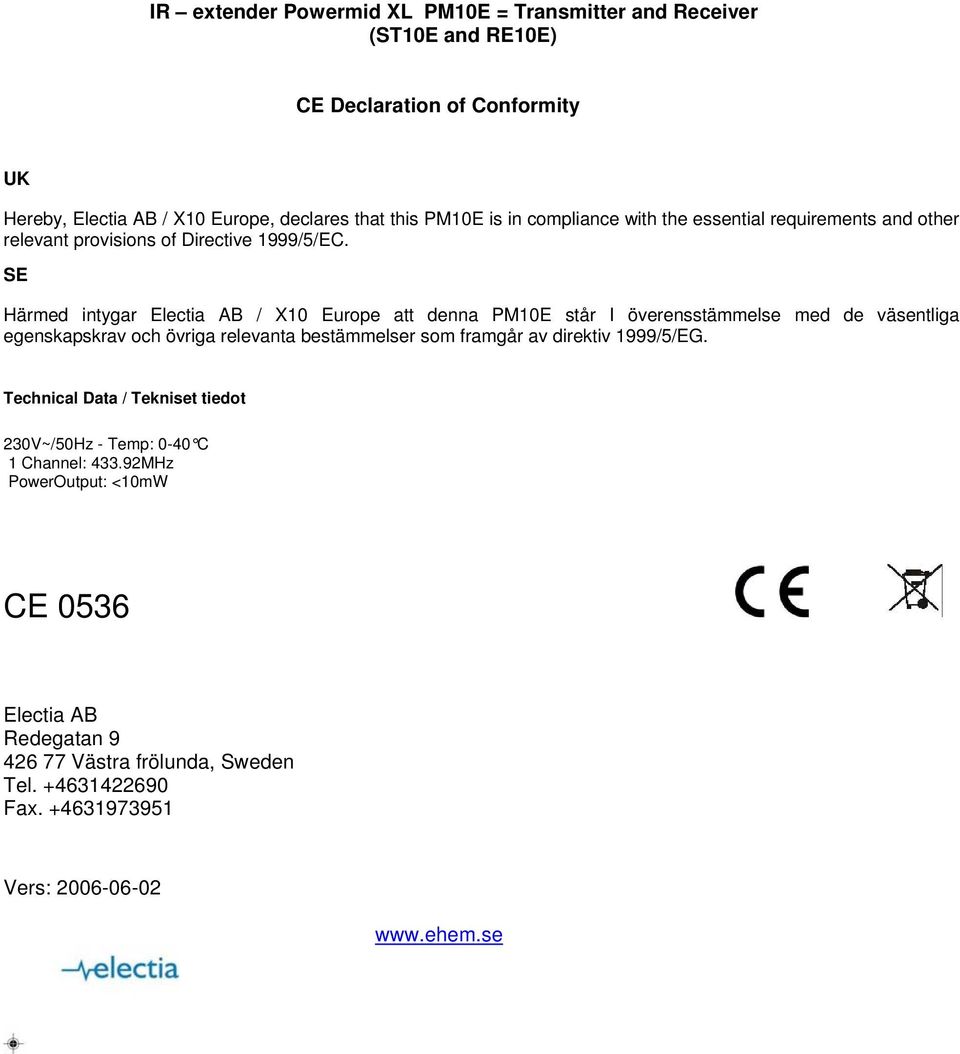 SE Härmed intygar Electia AB / X10 Europe att denna PM10E står I överensstämmelse med de väsentliga egenskapskrav och övriga relevanta bestämmelser som framgår av