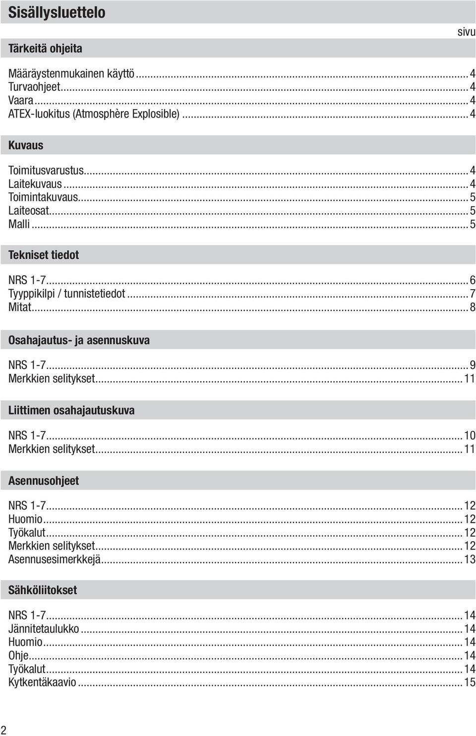 ..8 Osahajautus- ja asennuskuva NRS 1 7...9 Merkkien selitykset...11 Liittimen osahajautuskuva NRS 1 7...10 Merkkien selitykset...11 Asennusohjeet NRS 1 7.