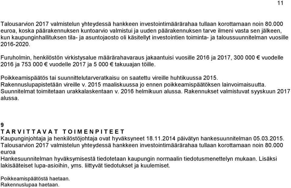 taloussuunnitelman vuosille 2016-2020.