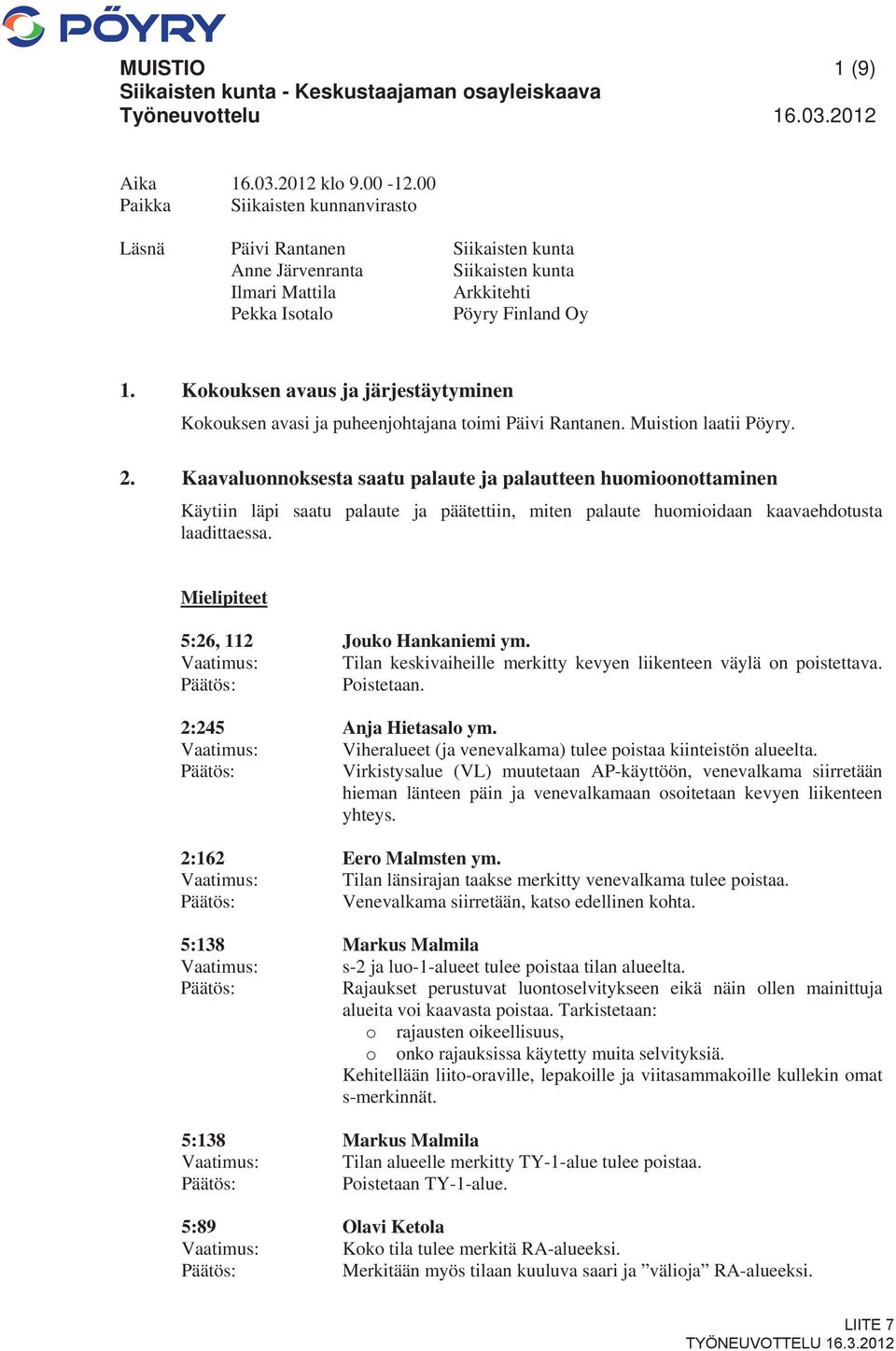 Kokouksen avaus ja järjestäytyminen Kokouksen avasi ja puheenjohtajana toimi Päivi Rantanen. Muistion laatii Pöyry. 2.