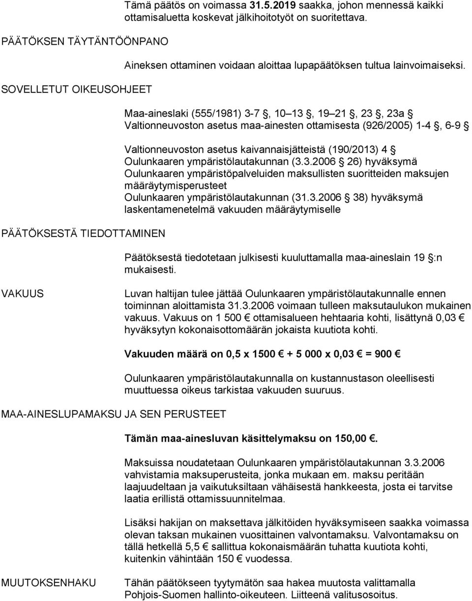 Maa-aineslaki (555/1981) 3-7, 10 13, 19 21, 23, 23a Valtionneuvoston asetus maa-ainesten ottamisesta (926/2005) 1-4, 6-9 Valtionneuvoston asetus kaivannaisjätteistä (190/2013) 4 Oulunkaaren