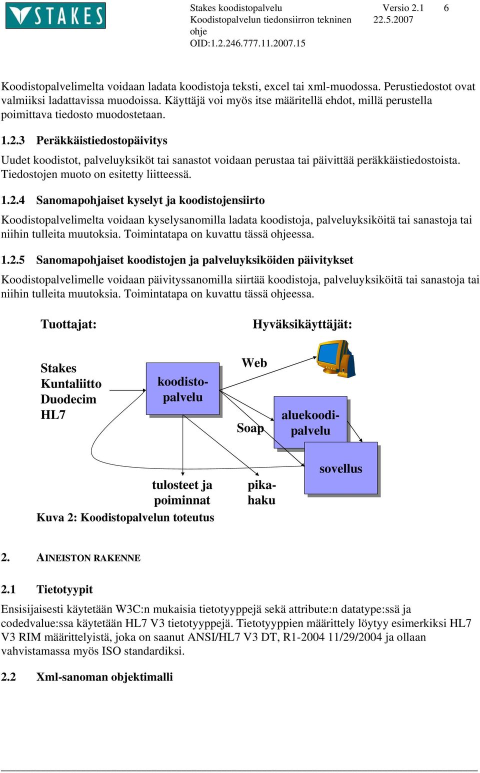 3 Peräkkäistiedostopäivitys Uudet koodistot, palveluyksiköt tai sanastot voidaan perustaa tai päivittää peräkkäistiedostoista. Tiedostojen muoto on esitetty liitteessä. 1.2.