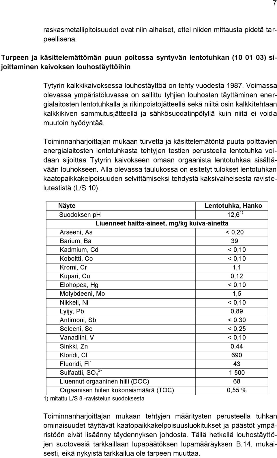 Voimassa olevassa ympäristöluvassa on sallittu tyhjien louhosten täyttäminen energialaitosten lentotuhkalla ja rikinpoistojätteellä sekä niiltä osin kalkkitehtaan kalkkikiven sammutusjätteellä ja