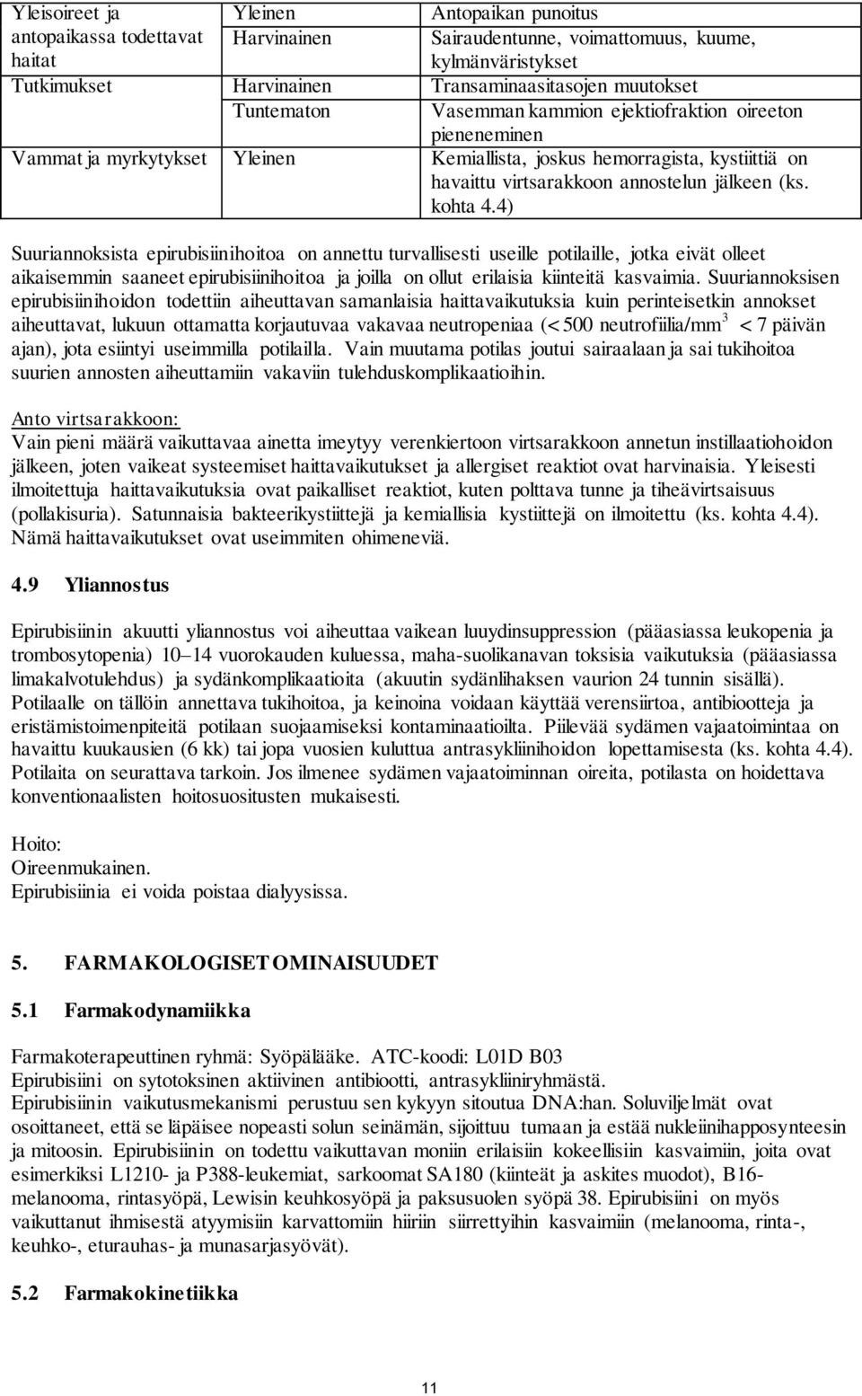 4) Suuriannoksista epirubisiinihoitoa on annettu turvallisesti useille potilaille, jotka eivät olleet aikaisemmin saaneet epirubisiinihoitoa ja joilla on ollut erilaisia kiinteitä kasvaimia.