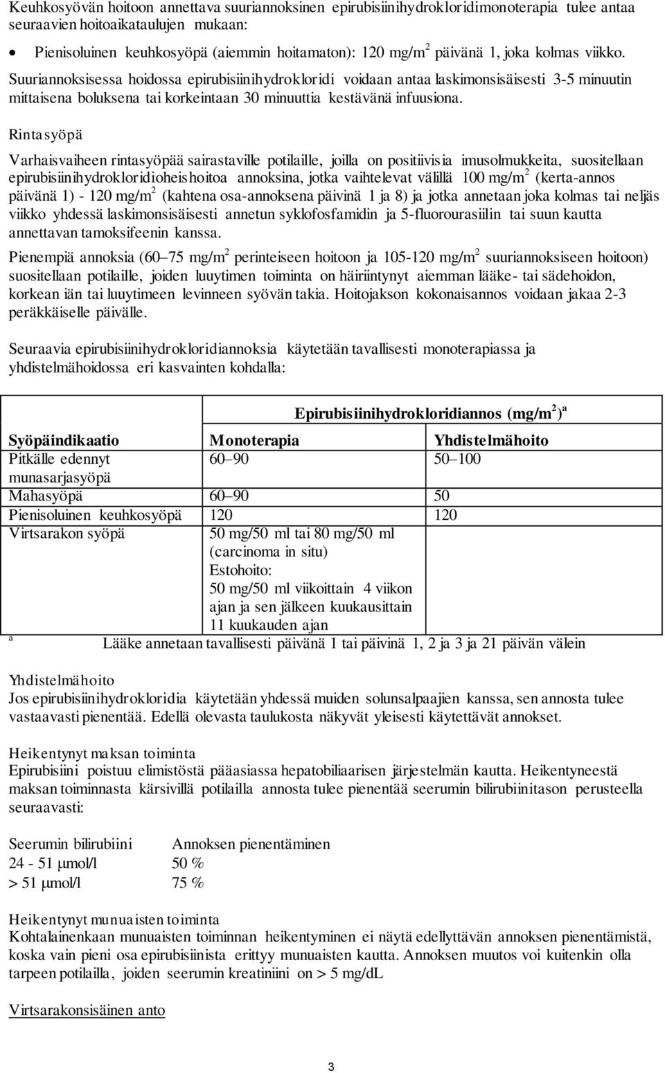 Rintasyöpä Varhaisvaiheen rintasyöpää sairastaville potilaille, joilla on positiivisia imusolmukkeita, suositellaan epirubisiinihydrokloridioheishoitoa annoksina, jotka vaihtelevat välillä 100 mg/m 2