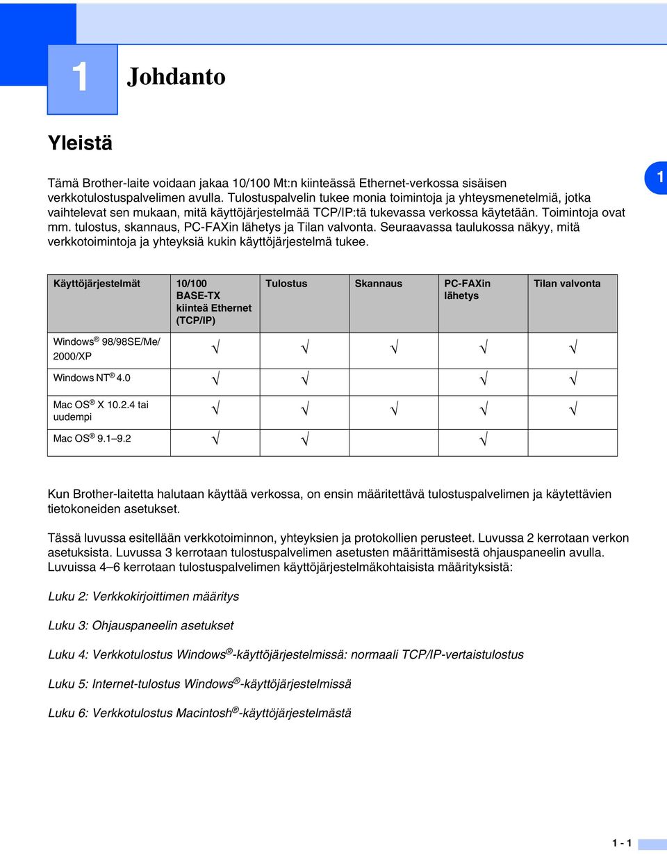 tulostus, skannaus, PC-FAXin lähetys ja Tilan valvonta. Seuraavassa taulukossa näkyy, mitä verkkotoimintoja ja yhteyksiä kukin käyttöjärjestelmä tukee.