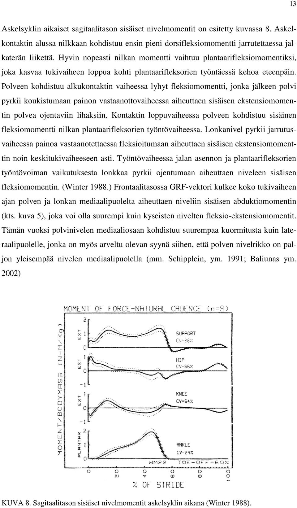 Polveen kohdistuu alkukontaktin vaiheessa lyhyt fleksiomomentti, jonka jälkeen polvi pyrkii koukistumaan painon vastaanottovaiheessa aiheuttaen sisäisen ekstensiomomentin polvea ojentaviin lihaksiin.