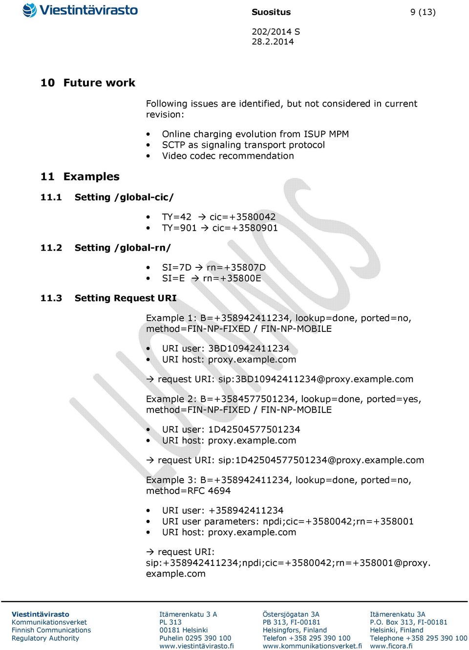 3 Setting Request URI TY=42 cic=+3580042 TY=901 cic=+3580901 SI=7D rn=+35807d SI=E rn=+35800e Example 1: B=+358942411234, lookup=done, ported=no, method=fin-np-fixed / FIN-NP-MOBILE URI user:
