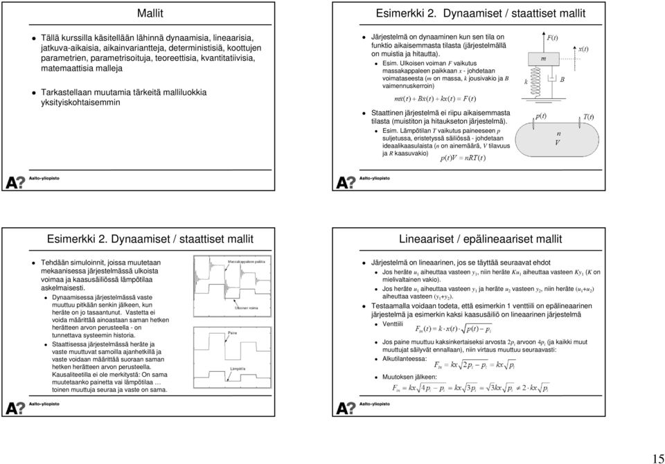 teoreettisia, kvantitatiivisia, matemaattisia malleja Tarkastellaan muutamia tärkeitä malliluokkia yksityiskohtaisemmin Järjestelmä on dynaaminen kun sen tila on funktio aikaisemmasta tilasta