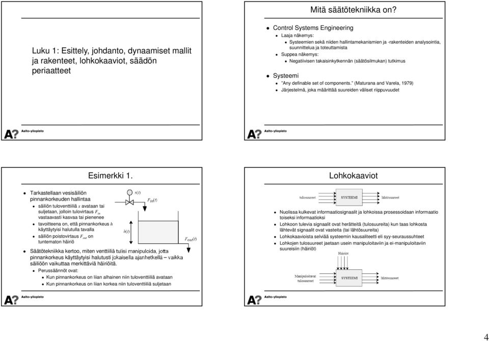 analysointia, suunnittelua ja toteuttamista Suppea näkemys: Negatiivisen takaisinkytkennän (säätösilmukan) tutkimus Systeemi Any definable set of components.