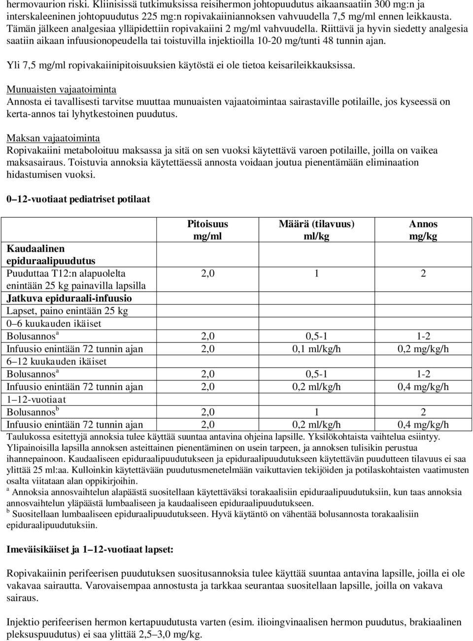 Riittävä ja hyvin siedetty analgesia saatiin aikaan infuusionopeudella tai toistuvilla injektioilla 10-20 mg/tunti 48 tunnin ajan.
