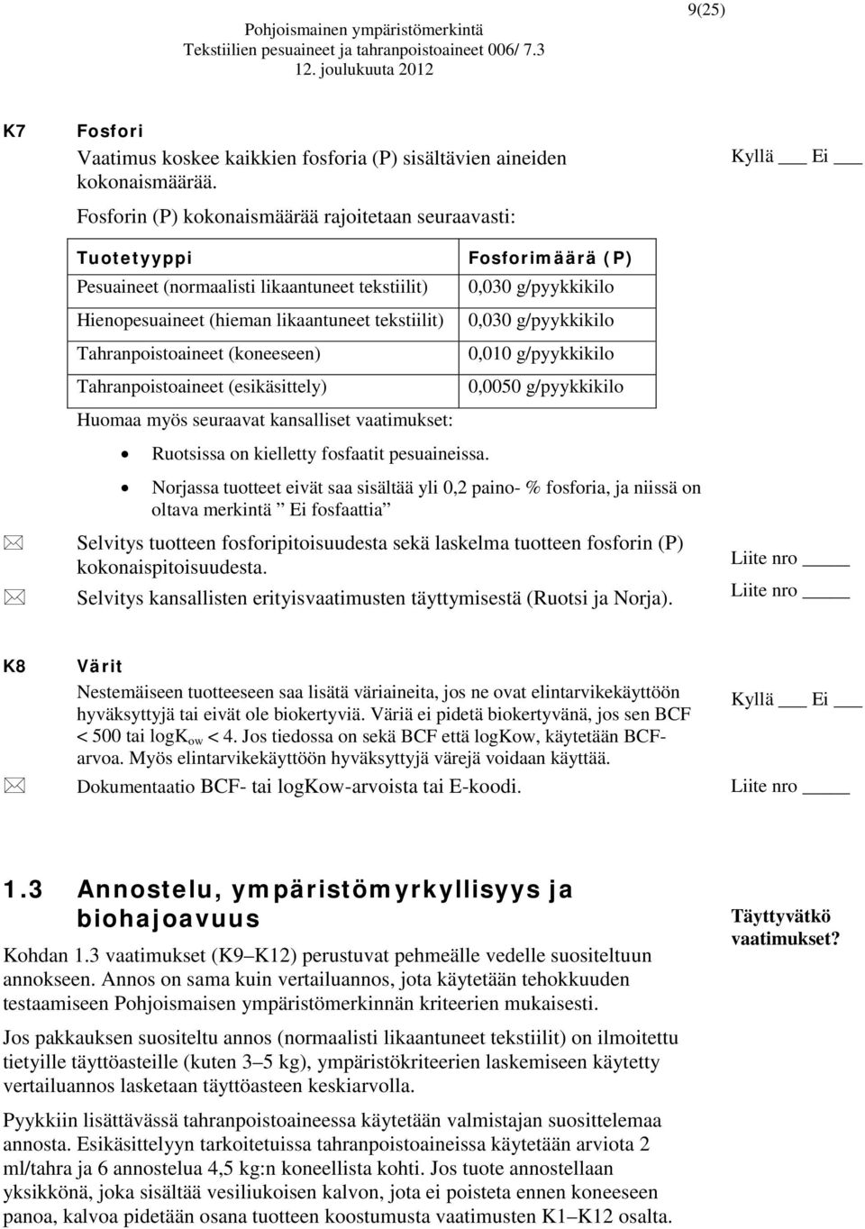 (koneeseen) Tahranpoistoaineet (esikäsittely) Fosforimäärä (P) 0,030 g/pyykkikilo 0,030 g/pyykkikilo 0,010 g/pyykkikilo 0,0050 g/pyykkikilo Huomaa myös seuraavat kansalliset vaatimukset: Ruotsissa on