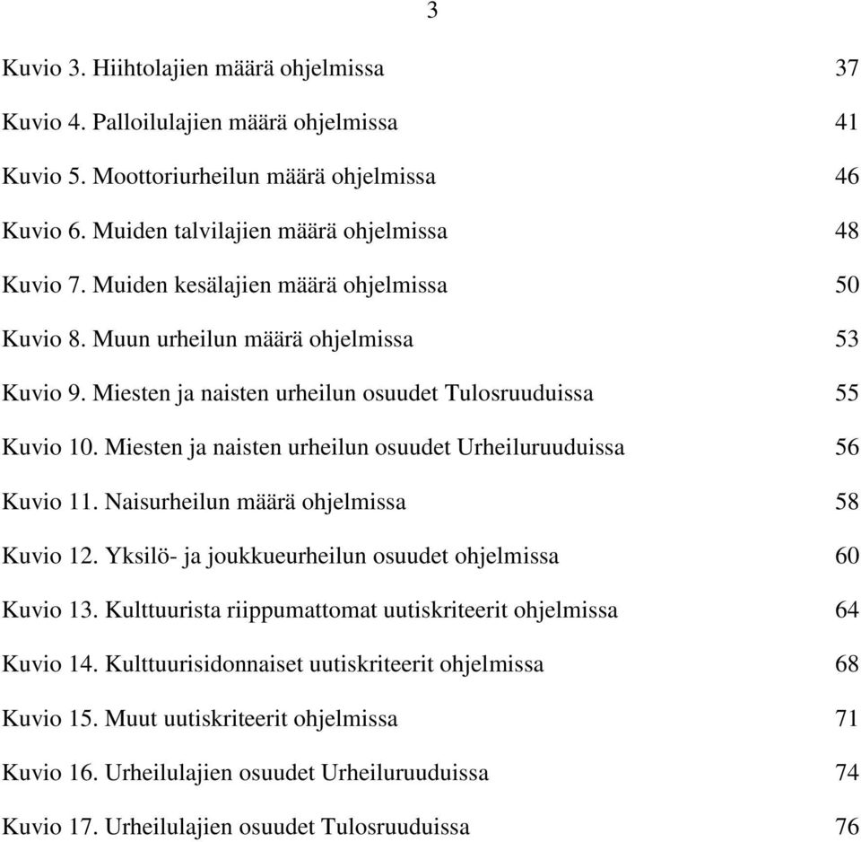 Miesten ja naisten urheilun osuudet Urheiluruuduissa 56 Kuvio 11. Naisurheilun määrä ohjelmissa 58 Kuvio 12. Yksilö- ja joukkueurheilun osuudet ohjelmissa 60 Kuvio 13.