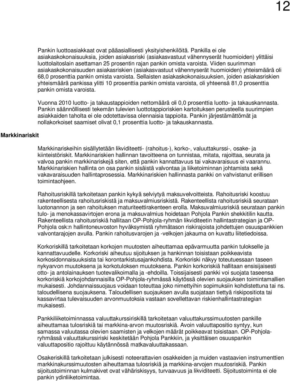 Viiden suurimman asiakaskokonaisuuden asiakasriskien (asiakasvastuut vähennyserät huomioiden) yhteismäärä oli 68,0 prosenttia pankin omista varoista.