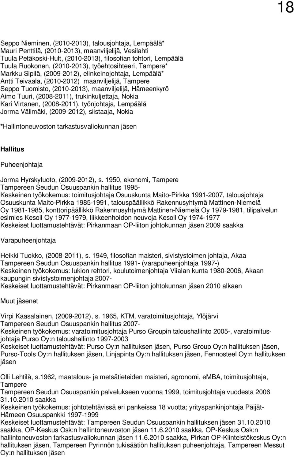 Hämeenkyrö Aimo Tuuri, (2008-2011), trukinkuljettaja, Nokia Kari Virtanen, (2008-2011), työnjohtaja, Lempäälä Jorma Välimäki, (2009-2012), siistaaja, Nokia *Hallintoneuvoston tarkastusvaliokunnan
