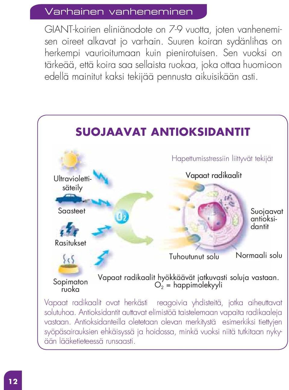 SUOJAAVAT ANTIOKSIDANTIT Hapettumisstressiin liittyvät tekijät Ultraviolettisäteily Vapaat radikaalit Saasteet Rasitukset Tuhoutunut solu Suojaavat antioksidantit Normaali solu Sopimaton ruoka Vapaat