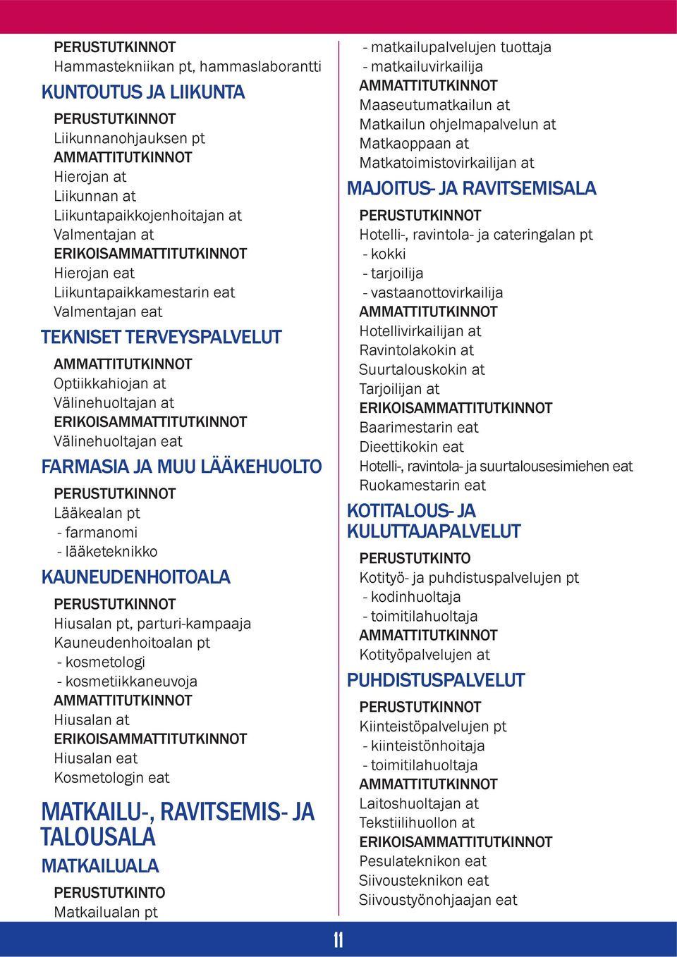 Hiusalan pt, parturi-kampaaja Kauneudenhoitoalan pt - kosmetologi - kosmetiikkaneuvoja Hiusalan at ERIKOIS Hiusalan eat Kosmetologin eat MATKAILU-, RAVITSEMIS- JA TALOUSALA MATKAILUALA PERUSTUTKINTO