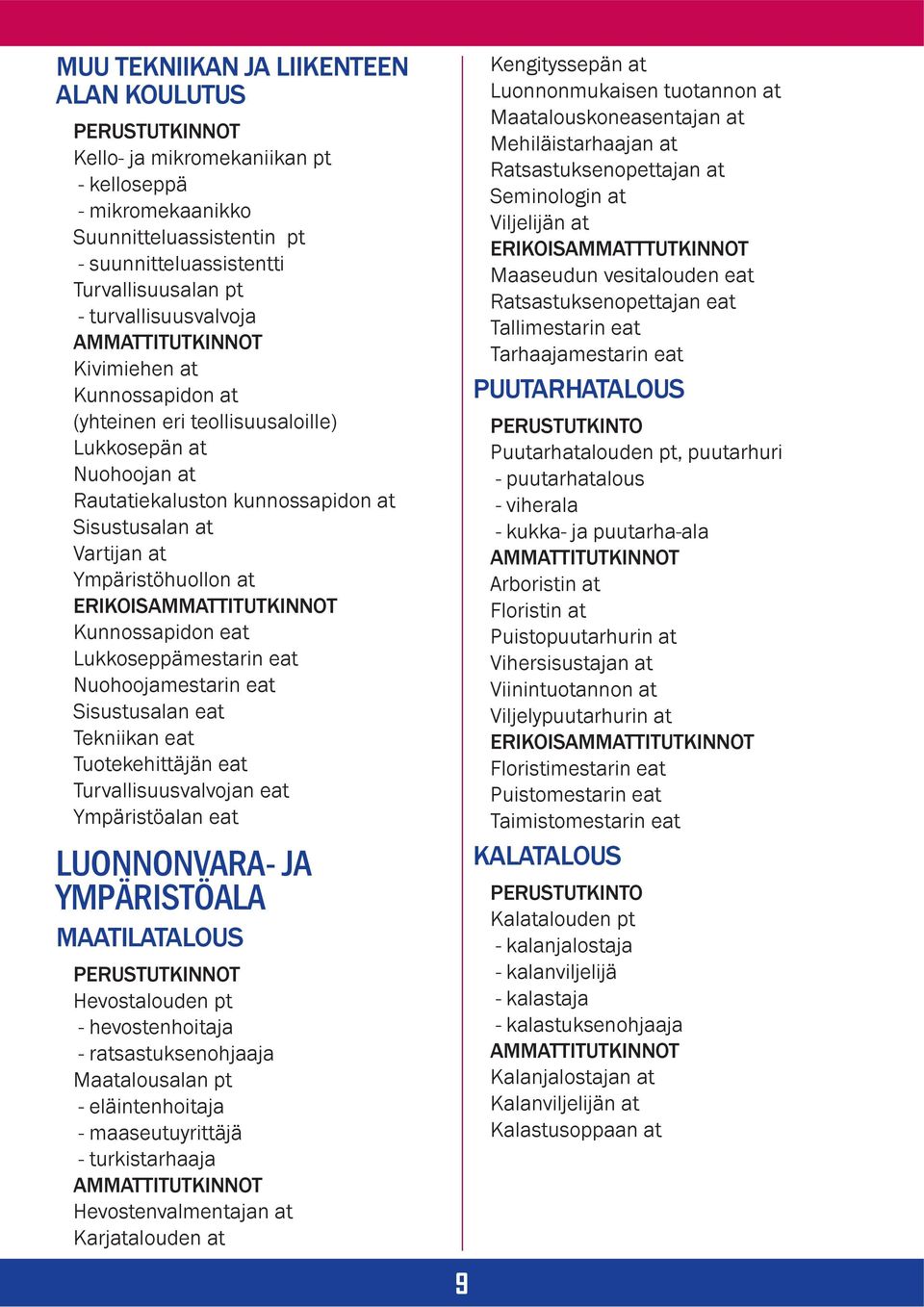 Lukkoseppämestarin eat Nuohoojamestarin eat Sisustusalan eat Tekniikan eat Tuotekehittäjän eat Turvallisuusvalvojan eat Ympäristöalan eat LUONNONVARA- JA YMPÄRISTÖALA MAATILATALOUS Hevostalouden pt -