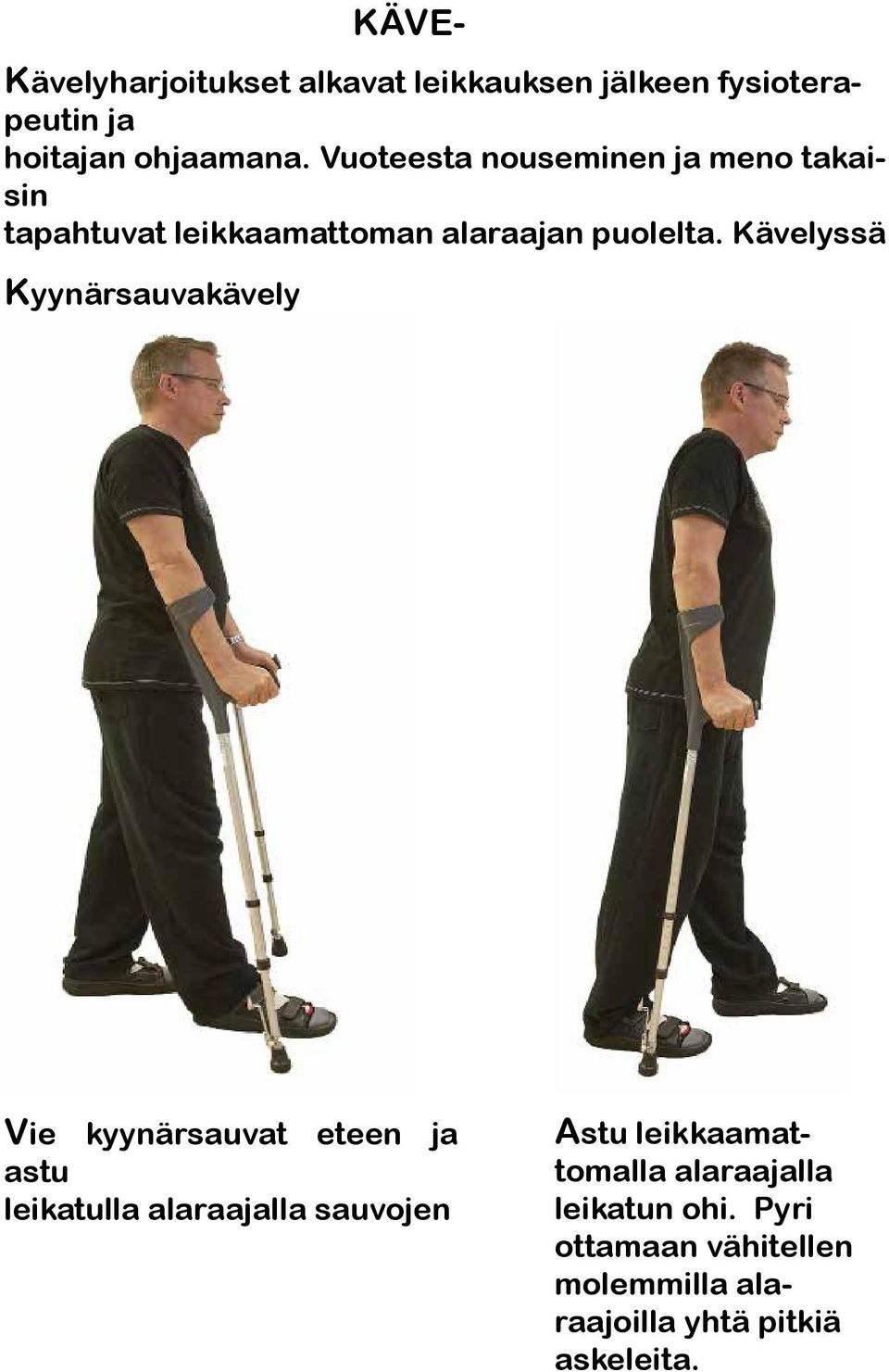 Kävelyssä Kyynärsauvakävely Vie kyynärsauvat eteen ja astu leikatulla alaraajalla sauvojen Astu