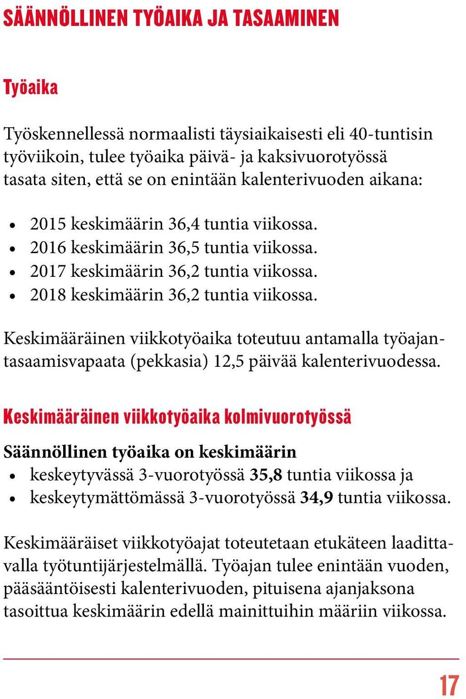 Keskimääräinen viikkotyöaika toteutuu antamalla työajantasaamisvapaata (pekkasia) 12,5 päivää kalenterivuodessa.