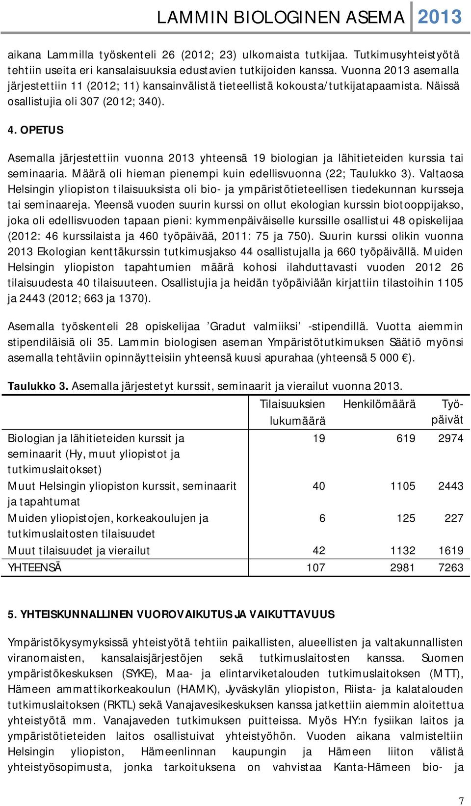 OPETUS Asemalla järjestettiin vuonna 2013 yhteensä 19 biologian ja lähitieteiden kurssia tai seminaaria. Määrä oli hieman pienempi kuin edellisvuonna (22; Taulukko 3).