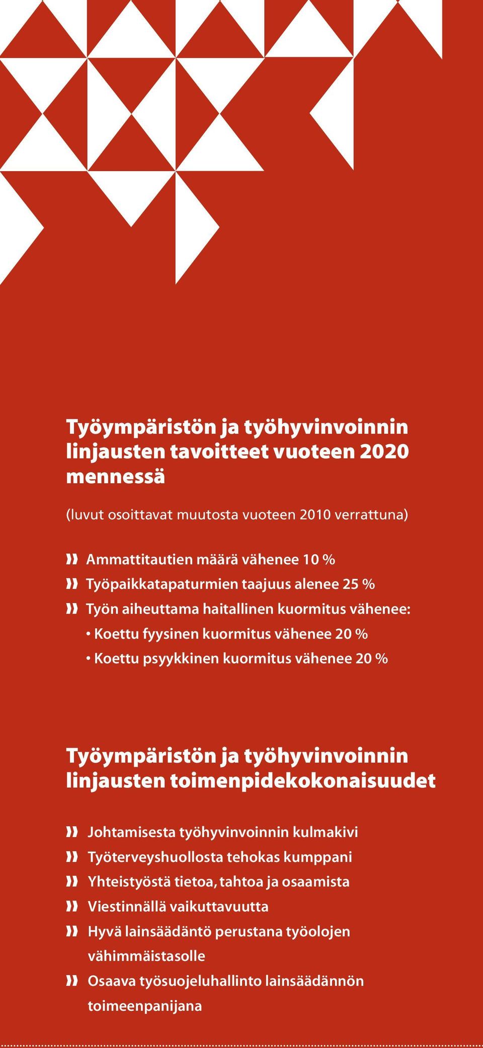 20 % Työympäristön ja työhyvinvoinnin linjausten toimenpidekokonaisuudet Johtamisesta työhyvinvoinnin kulmakivi Työterveyshuollosta tehokas kumppani Yhteistyöstä