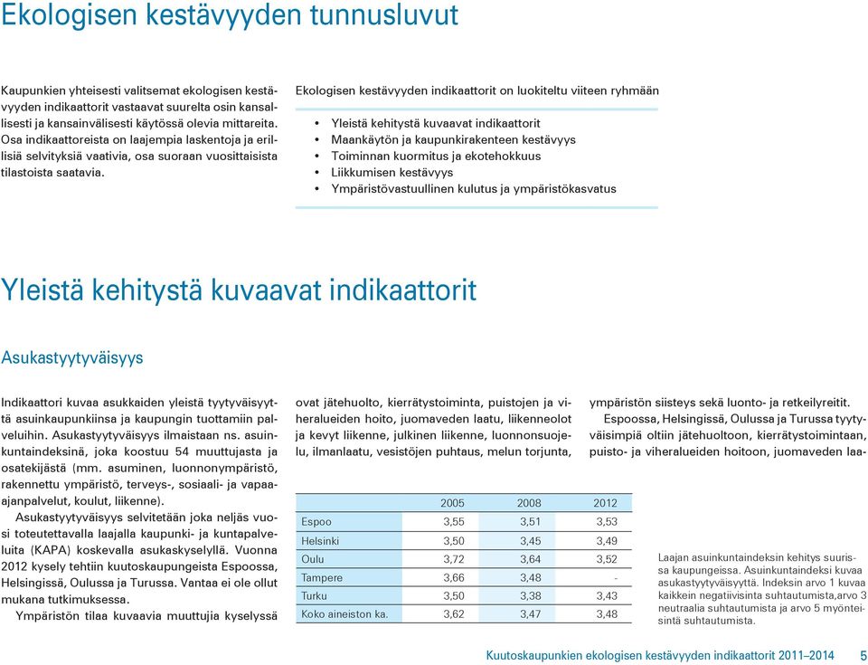 Ekologisen kestävyyden indikaattorit on luokiteltu viiteen ryhmään Yleistä kehitystä kuvaavat indikaattorit Maankäytön ja kaupunkirakenteen kestävyys Toiminnan kuormitus ja ekotehokkuus Liikkumisen