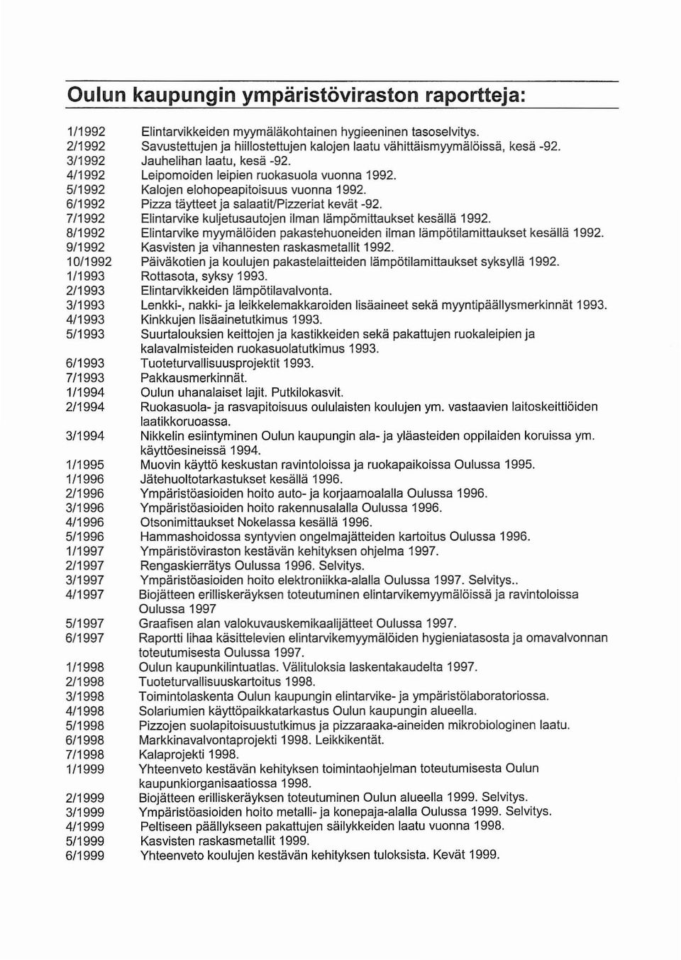 myymäläkohtainen hygieeninen tasoselvitys. Savustettujen ja hiillostettujen kalojen laatu vähittäismyymälöissä, kesä -92. Jauhelihan laatu, kesä -92. Leipomoiden leipien ruokasuola vuonna 1992.