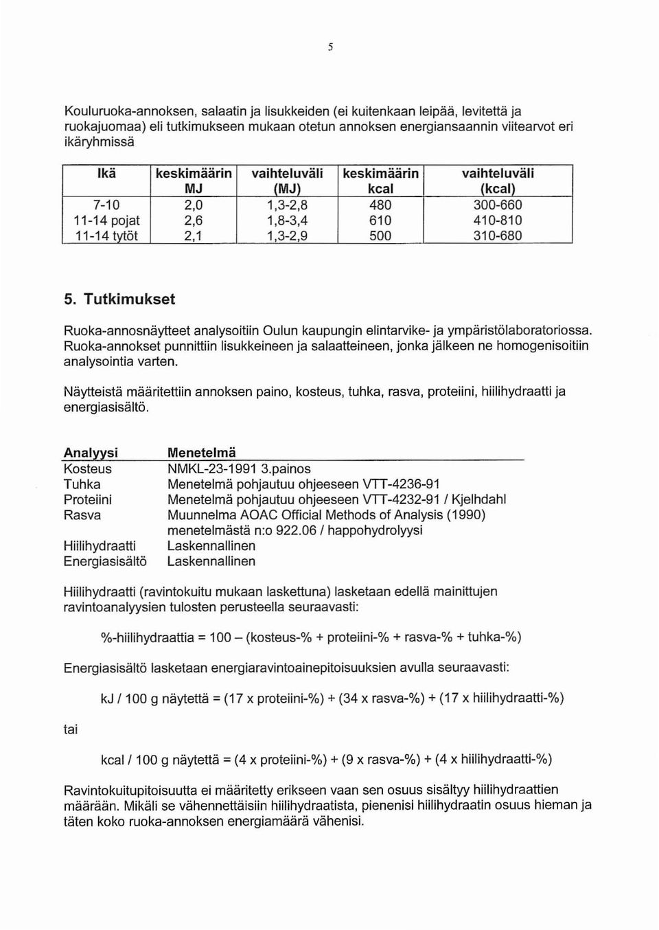 Tutkimukset Ruoka annosnäytteet analysoitiin Oulun kaupungin elintarvike- ja ympäristölaboratoriossa.