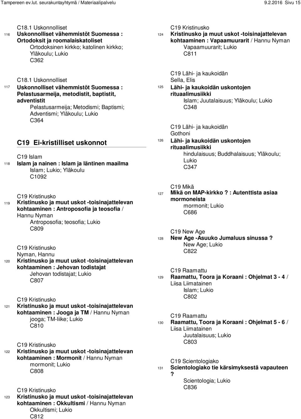 1 Uskonnolliset 117 Uskonnolliset vähemmistöt Suomessa : Pelastusarmeija, metodistit, baptistit, adventistit Pelastusarmeija; Metodismi; Baptismi; Adventismi; Yläkoulu; Lukio C364 C19 Ei-kristilliset