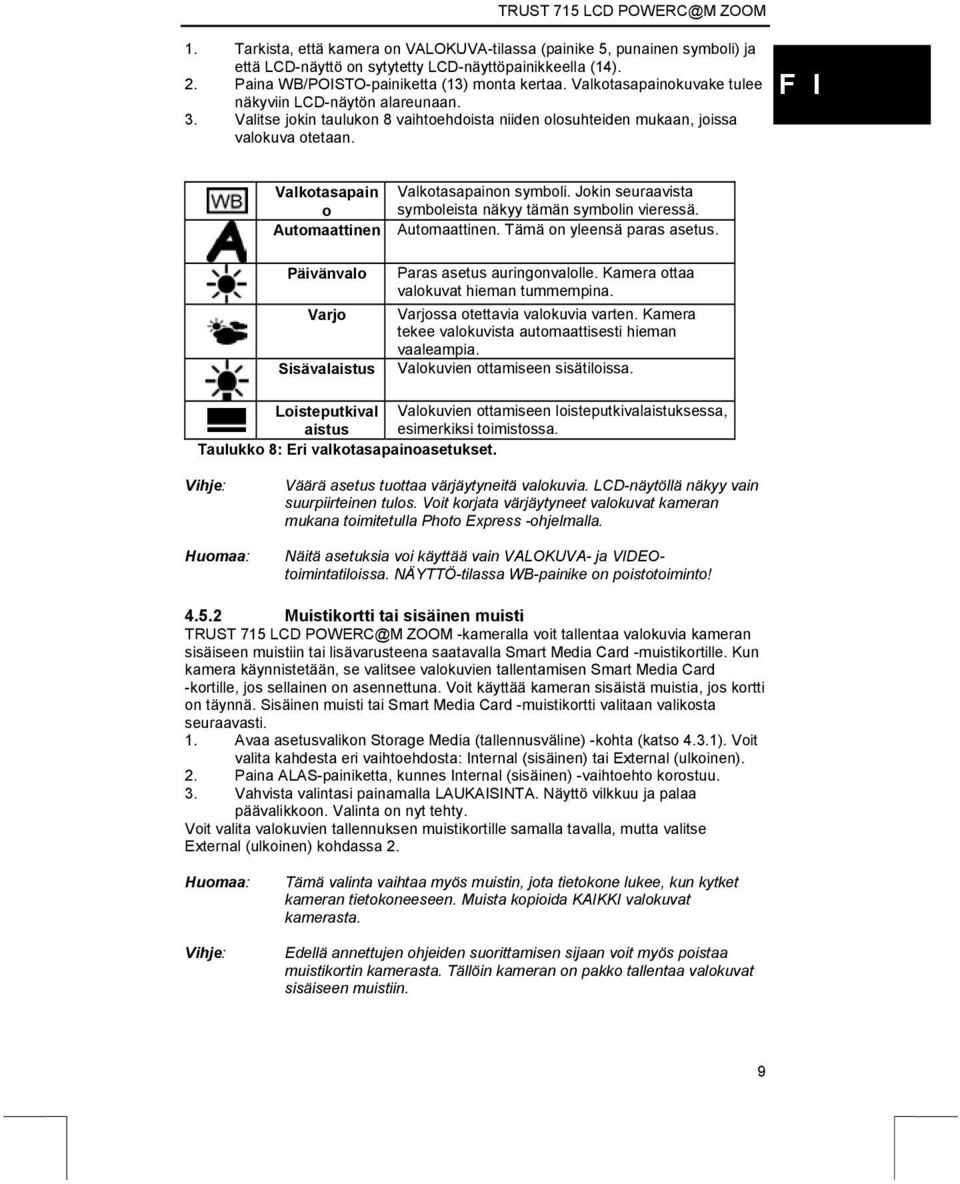 Valkotasapain o Automaattinen Päivänvalo Varjo Sisävalaistus Valkotasapainon symboli. Jokin seuraavista symboleista näkyy tämän symbolin vieressä. Automaattinen. Tämä on yleensä paras asetus.