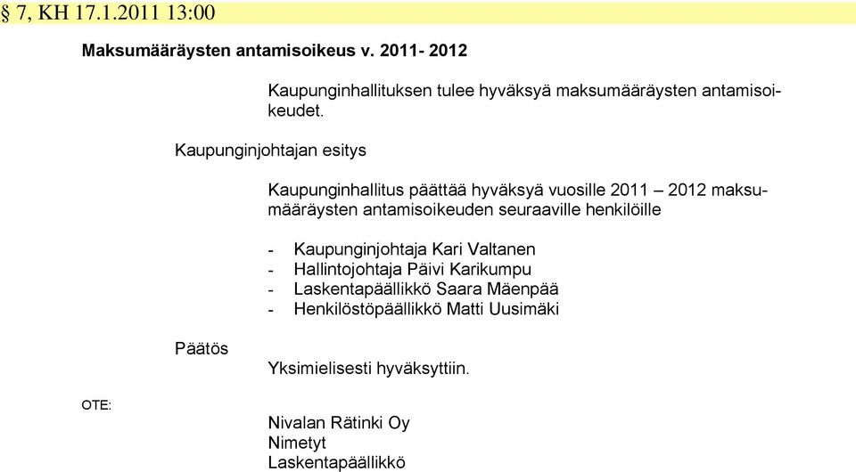 Kaupunginjohtajan esitys Kaupunginhallitus päättää hyväksyä vuosille 2011 2012 maksumääräysten antamisoikeuden