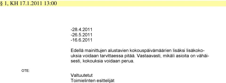 6.2011 Edellä mainittujen alustavien kokouspäivämäärien lisäksi