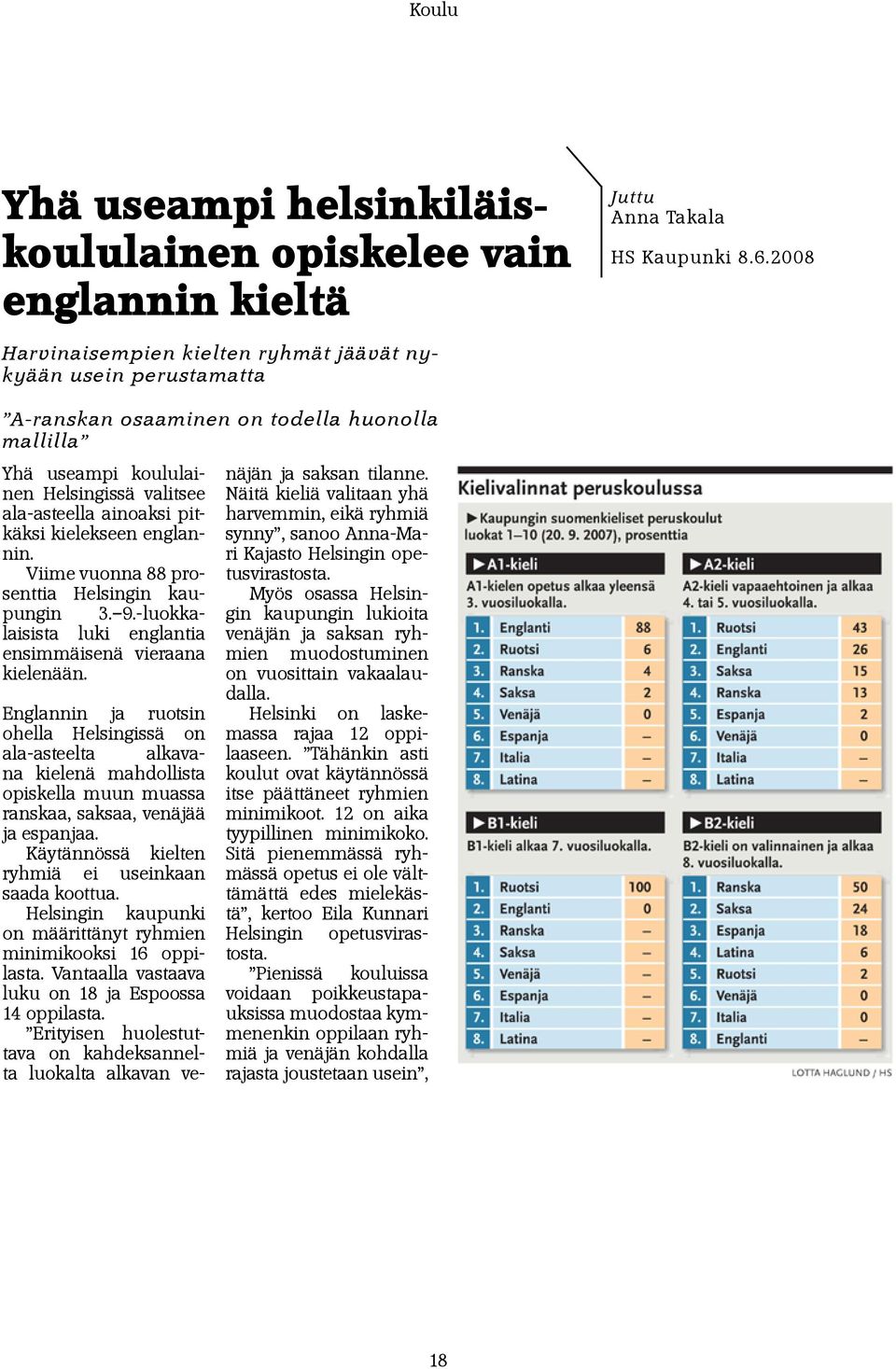 kielekseen englannin. Viime vuonna 88 prosenttia Helsingin kaupungin 3. 9.-luokkalaisista luki englantia ensimmäisenä vieraana kielenään.