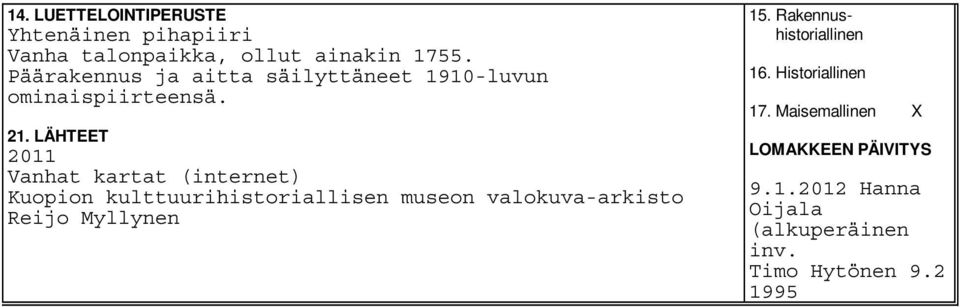 LÄHTEET 2011 Vanhat kartat (internet) Kuopion kulttuurihistoriallisen museon valokuva-arkisto Reijo
