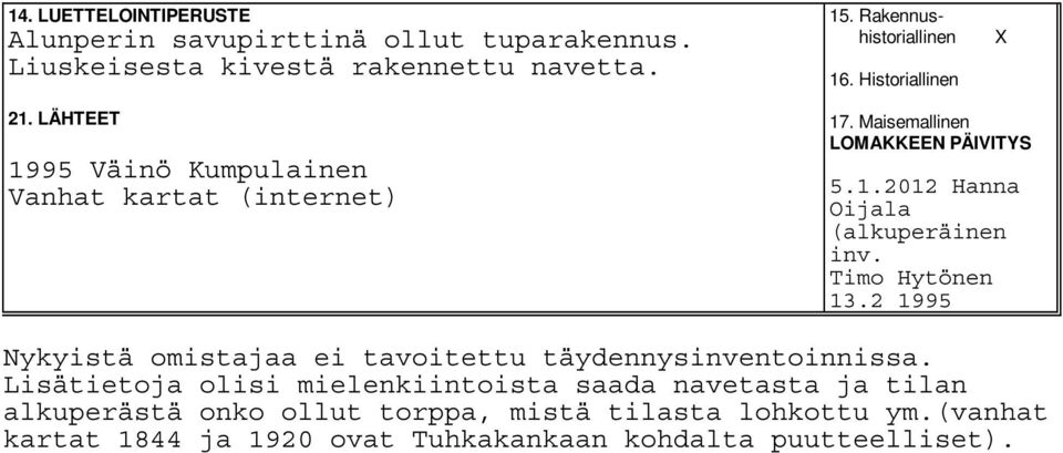 Timo Hytönen 13.2 1995 Nykyistä omistajaa ei tavoitettu täydennysinventoinnissa.