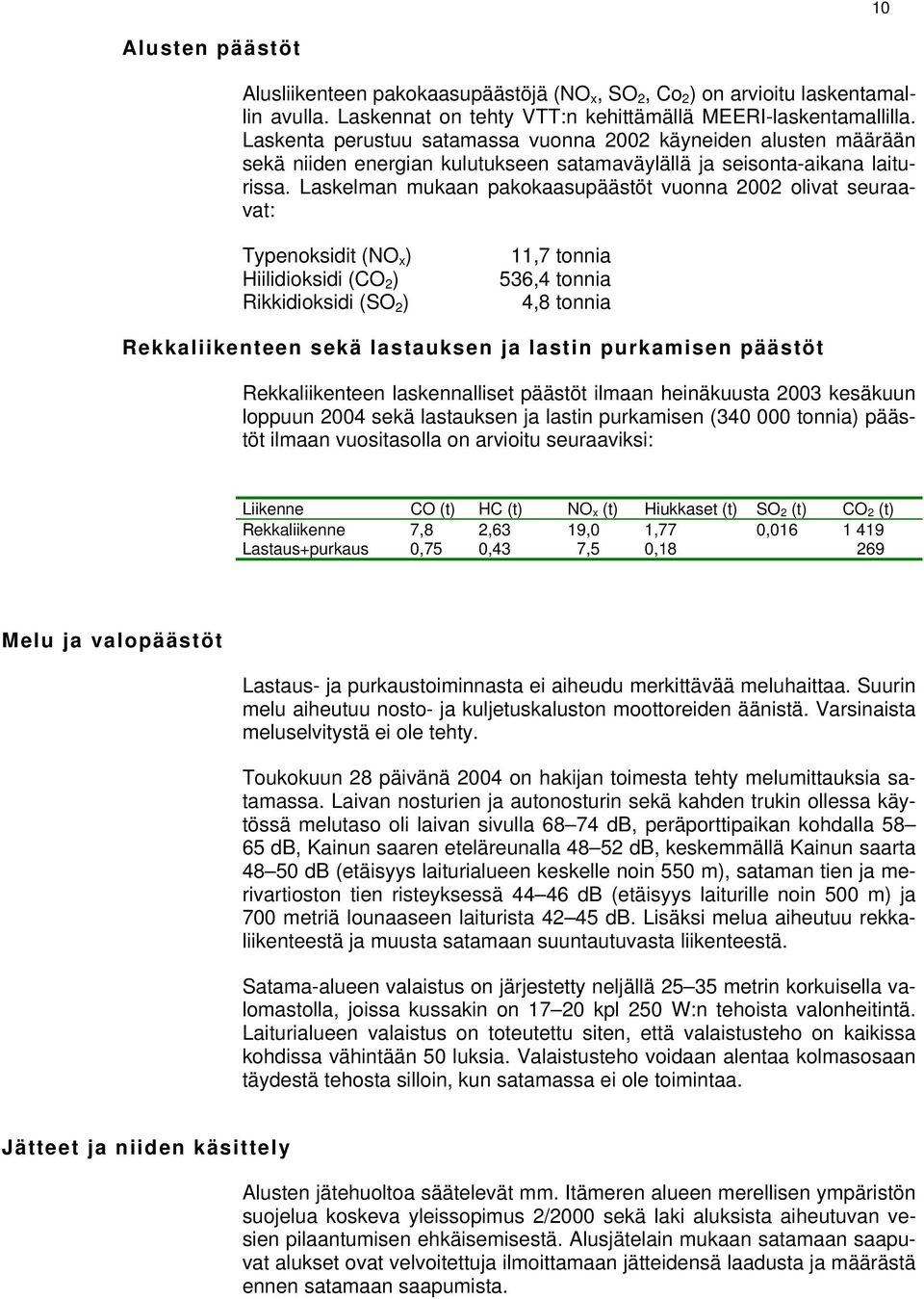 Laskelman mukaan pakokaasupäästöt vuonna 2002 olivat seuraavat: Typenoksidit (NO x ) Hiilidioksidi (CO 2 ) Rikkidioksidi (SO 2 ) 11,7 tonnia 536,4 tonnia 4,8 tonnia Rekkaliikenteen sekä lastauksen ja