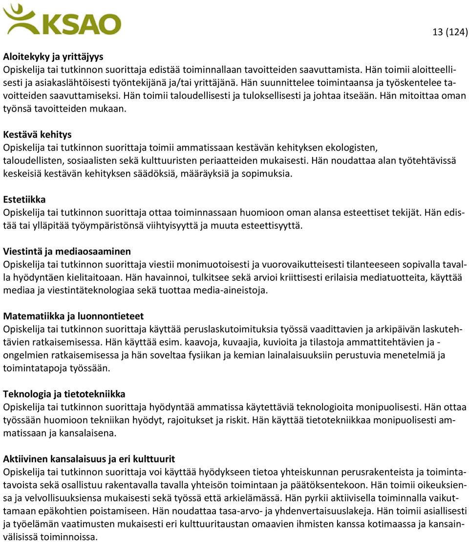 Kestävä kehitys tai tutkinnon suorittaja toimii ammatissaan kestävän kehityksen ekologisten, taloudellisten, sosiaalisten sekä kulttuuristen periaatteiden mukaisesti.