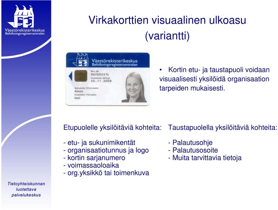 Etupuolelle yksilöitäviä kohteita: - etu- ja sukunimikentät - organisaatiotunnus ja logo - kortin