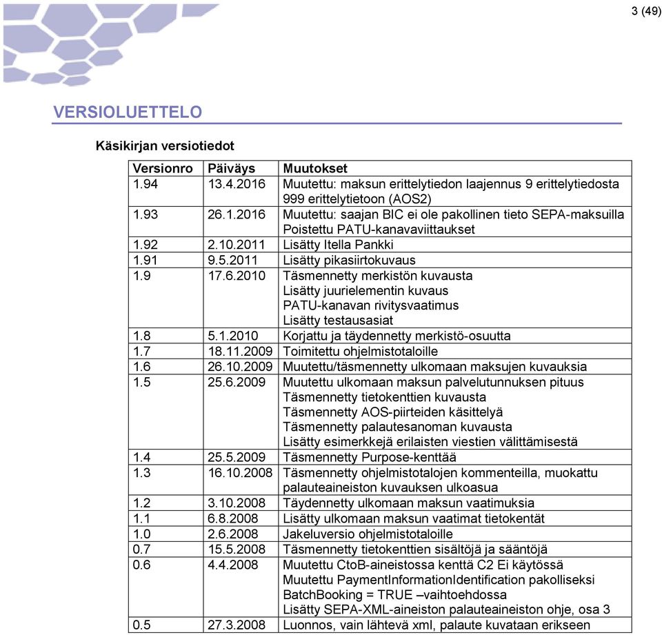 2010 Täsmennetty merkistön kuvausta Lisätty juurielementin kuvaus PATU-kanavan rivitysvaatimus Lisätty testausasiat 1.8 5.1.2010 Korjattu ja täydennetty merkistö-osuutta 1.7 18.11.