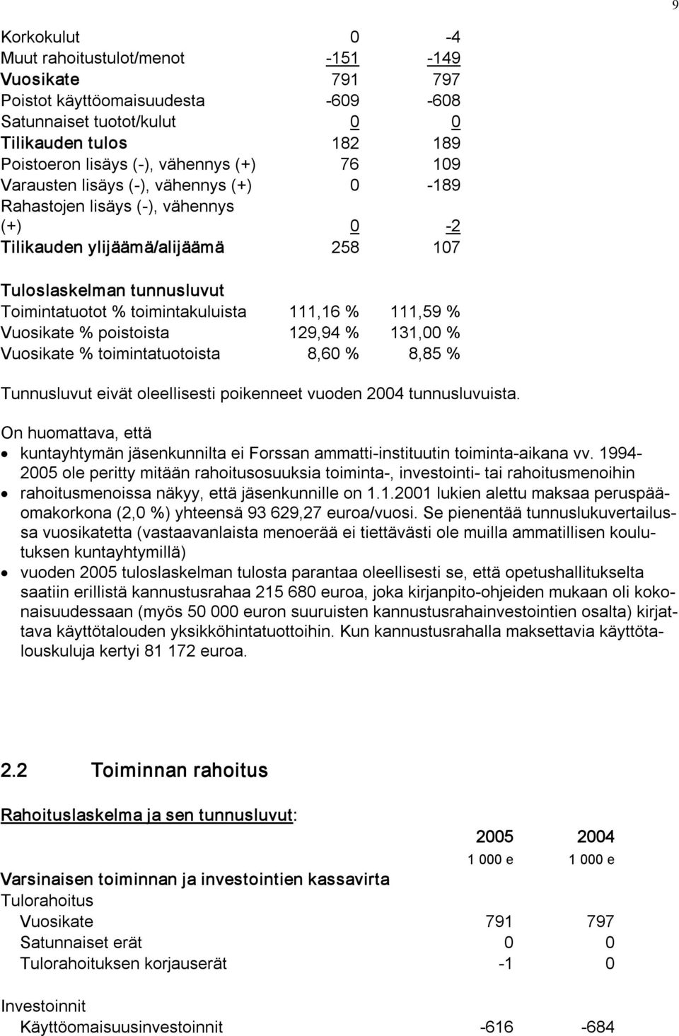 Vuosikate % poistoista 129,94 % 131,00 % Vuosikate % toimintatuotoista 8,60 % 8,85 % Tunnusluvut eivät oleellisesti poikenneet vuoden 2004 tunnusluvuista.