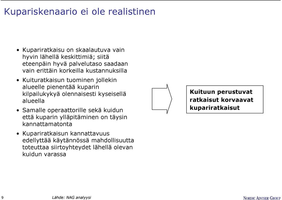 Samalle operaattorille sekä kuidun että kuparin ylläpitäminen on täysin kannattamatonta Kupariratkaisun kannattavuus edellyttää käytännössä